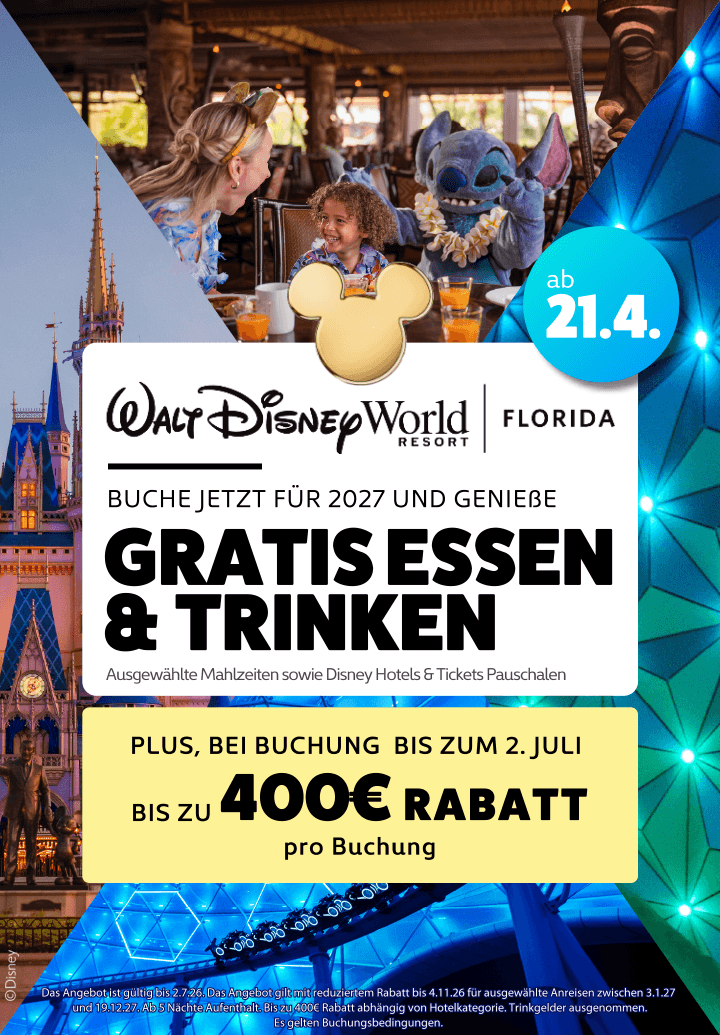 Mobile Ansicht: Walt Disney World Free Dining / Gratis Essen und Trinken Angebot 2027: Gratis Dining Plan und bis zu 400 € Rabatt auf Walt Disney World Urlaube
