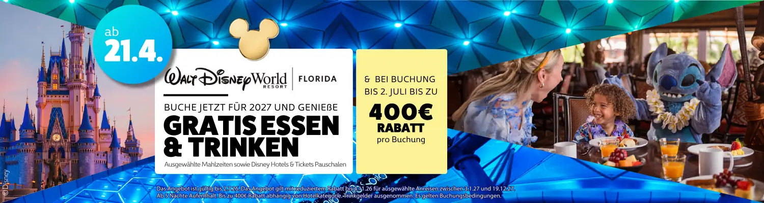 Banner Walt Disney World Free Dining / Gratis Essen und Trinken Angebot 2027: Gratis Dining Plan und bis zu 400 € Rabatt auf Walt Disney World Urlaube