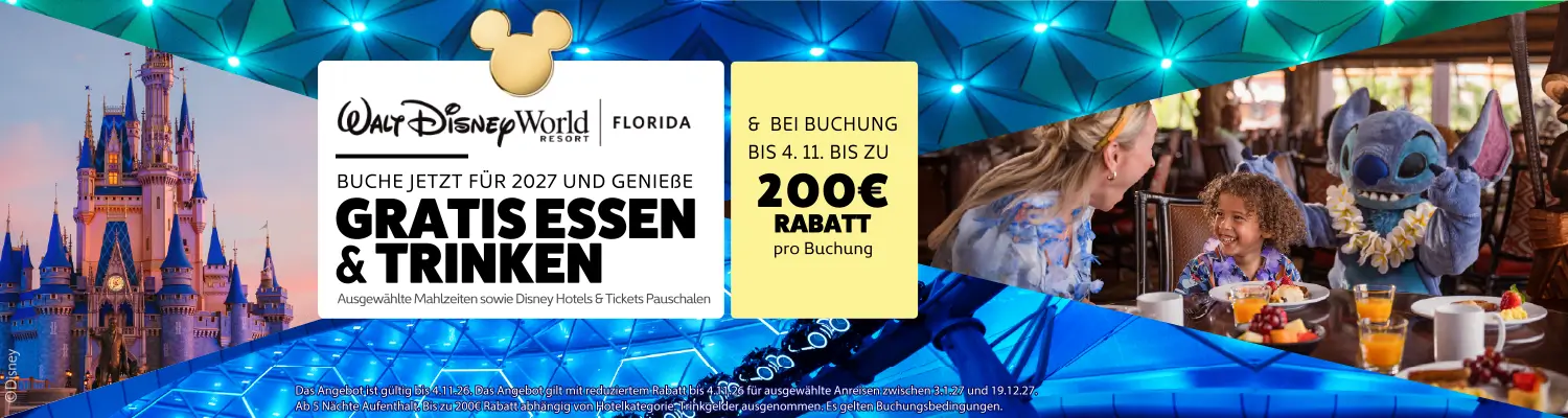 Walt Disney World Free Dining Angebot 2027 Banner Walt Disney World Free Dining / Gratis Essen und Trinken Angebot 2027: Gratis Dining Plan und bis zu 200 € Rabatt auf Walt Disney World Urlaube