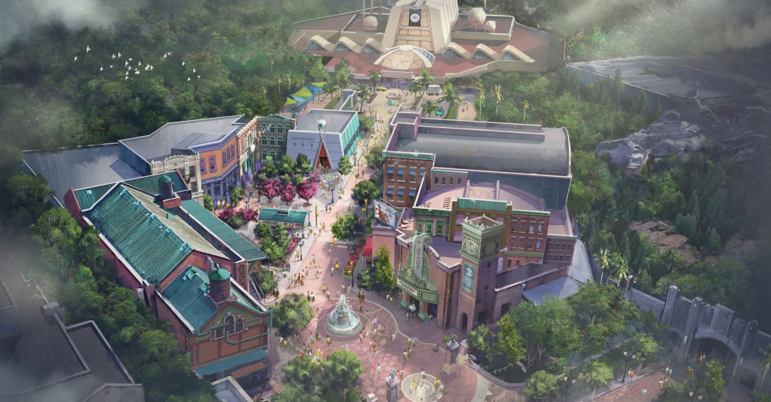 Monstropolis in Disney's Hollywood Studios Concept Art des neuen Monstropolis Themenbereichs in den Disney’s Hollywood Studios aus der Vogelperspektive mit Straßen, Gebäuden und begrünten Plätzen