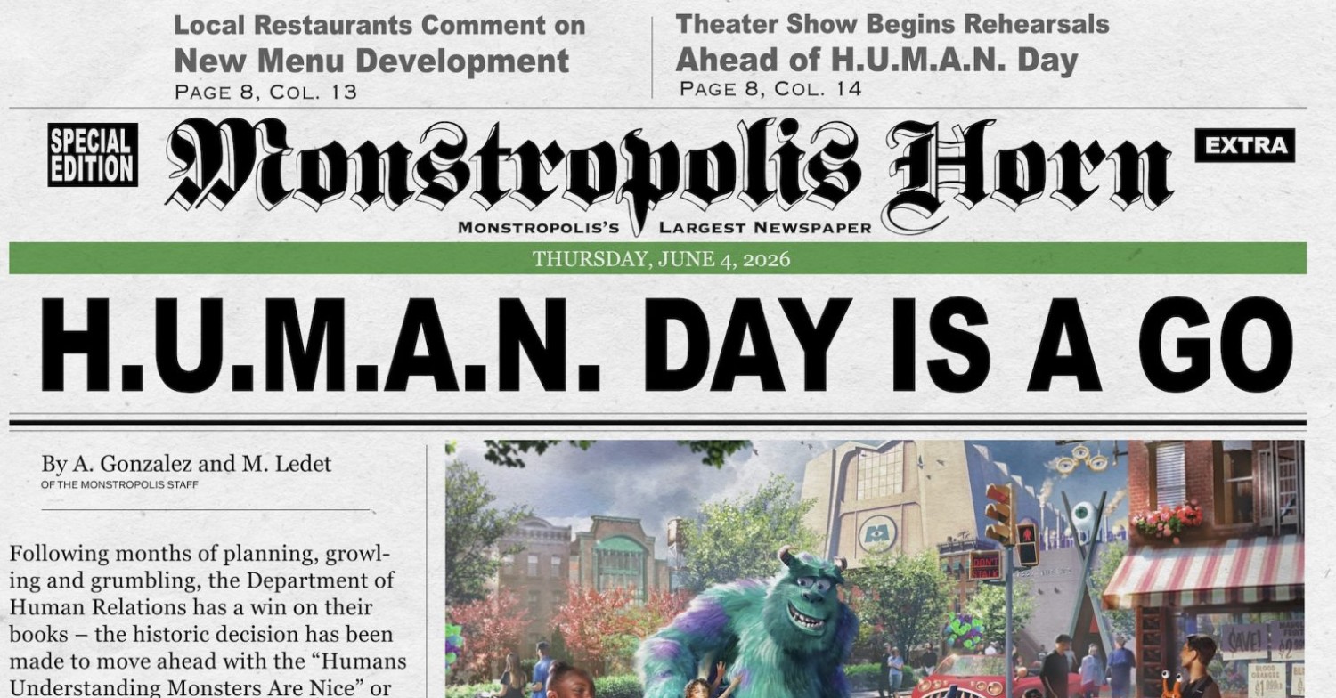 Monstropolis Horn Fiktive Titelseite der Zeitung Monstropolis Horn mit der Schlagzeile „H.U.M.A.N. Day Is a Go“ und einem Bild von Sulley im neuen Monstropolis Themenbereich
