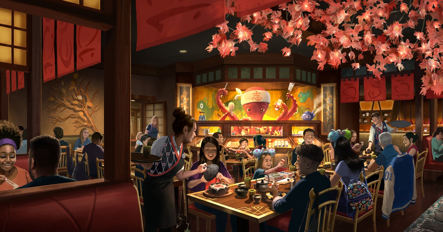 Harryhausens Restaurant Concept Art des Restaurants Harryhausen’s in Monstropolis mit Gästen, japanisch gestaltetem Gastraum und einem großen Monsterkoch hinter der Theke