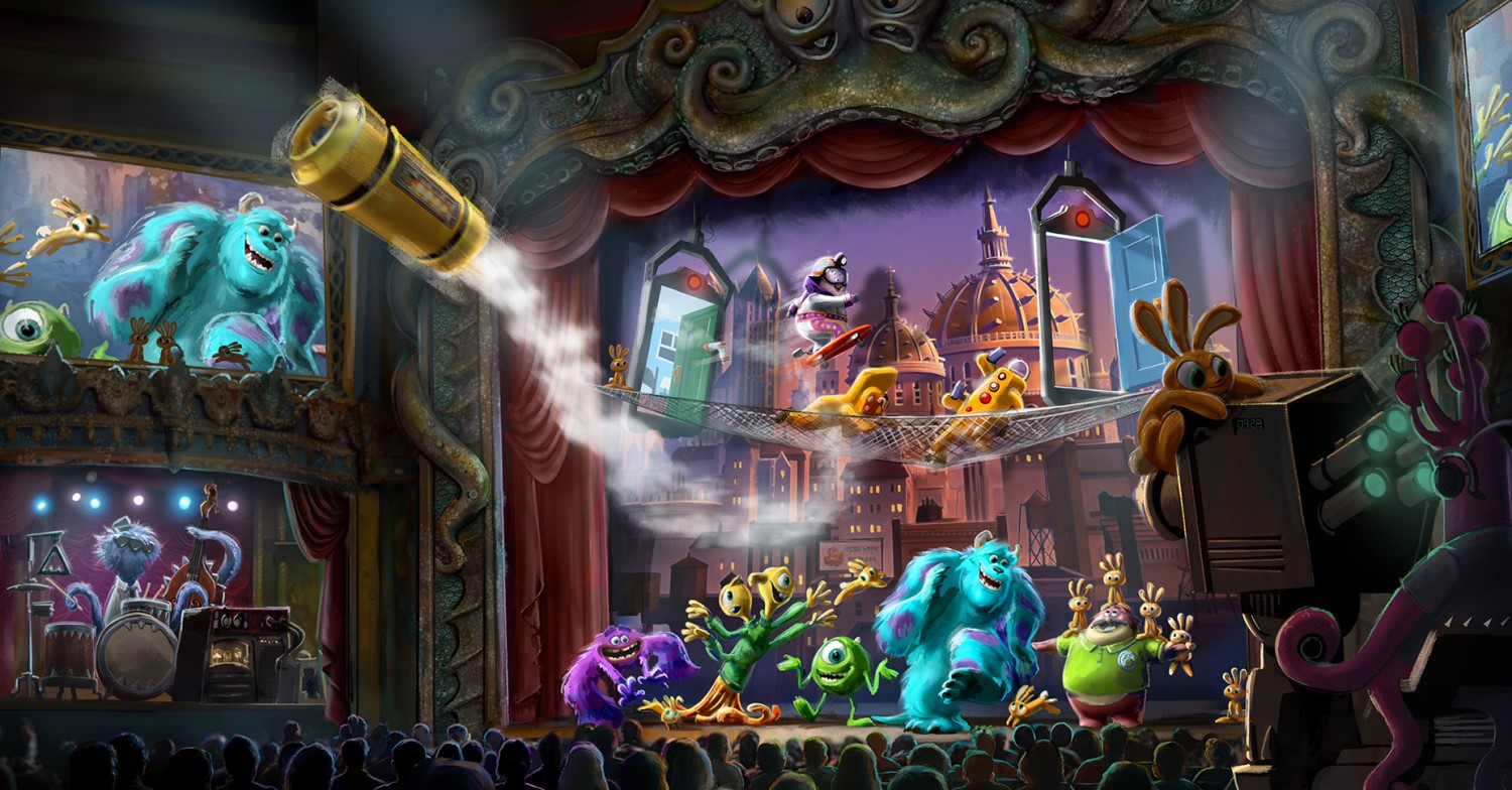 Monstropolis Theatershow Concept Art einer neuen Theatershow in Monstropolis mit Sulley, Mike Glotzkowski und zahlreichen weiteren Monstern auf einer großen Bühne