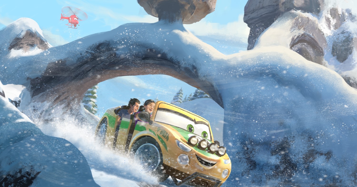 Cars im Schnee oncept Art zur Cars Attraktion im Piston Peak mit einem gelben Geländewagen, der durch eine verschneite Berglandschaft fährt