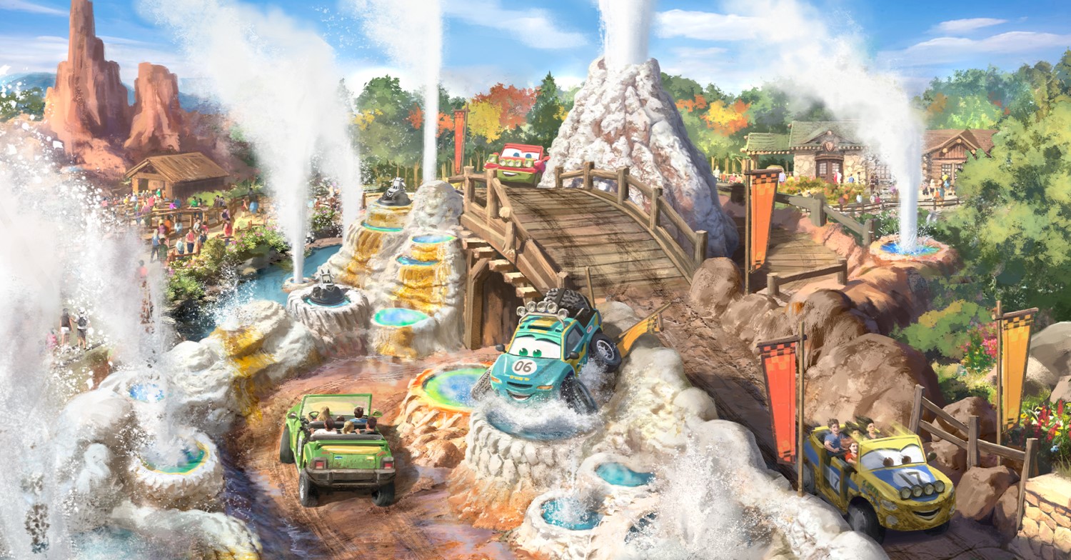 Cars Ridge Run Rally Concept Art zu Cars Ridge Run Rally mit Geländewagen zwischen Geysiren, Holzbrücken und felsiger Landschaft im Piston Peak
