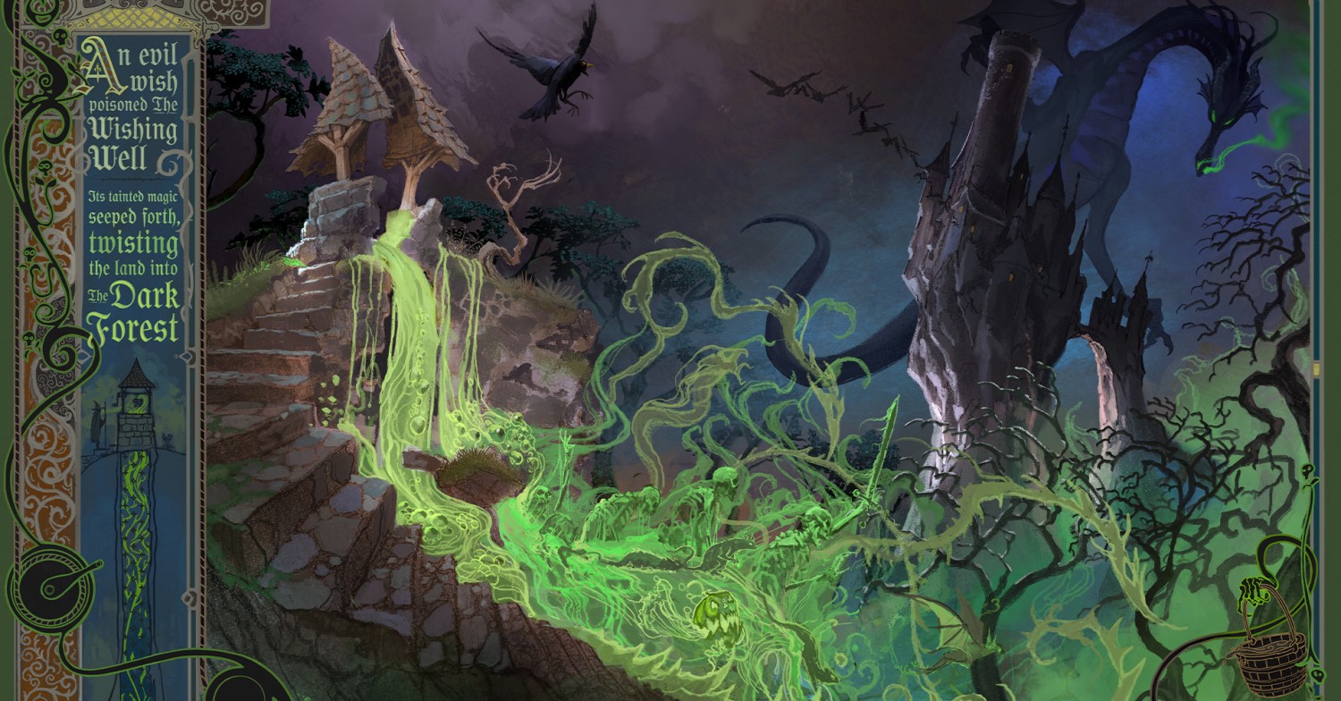 Verdorbener Wunschbrunnen Concept Art zum Villains Land mit einem von grüner Magie verdorbenen Wunschbrunnen, dunklem Wald und Maleficents Festung im Hintergrund