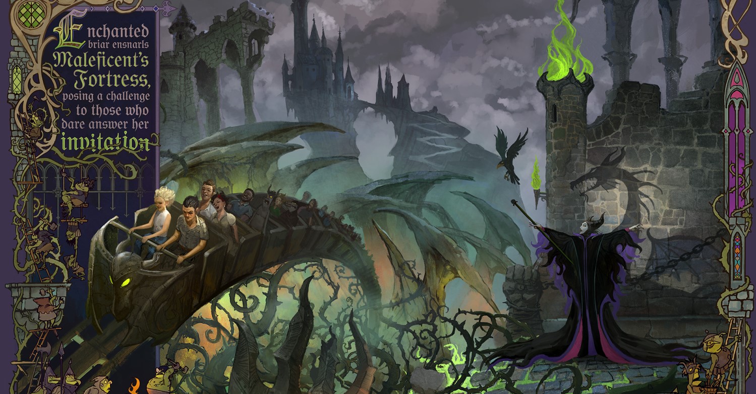 Maleficent im Villains Land Concept Art einer Achterbahnfahrt durch Maleficents Festung mit Drachen und grünen Flammen im Villains Land des Magic Kingdom