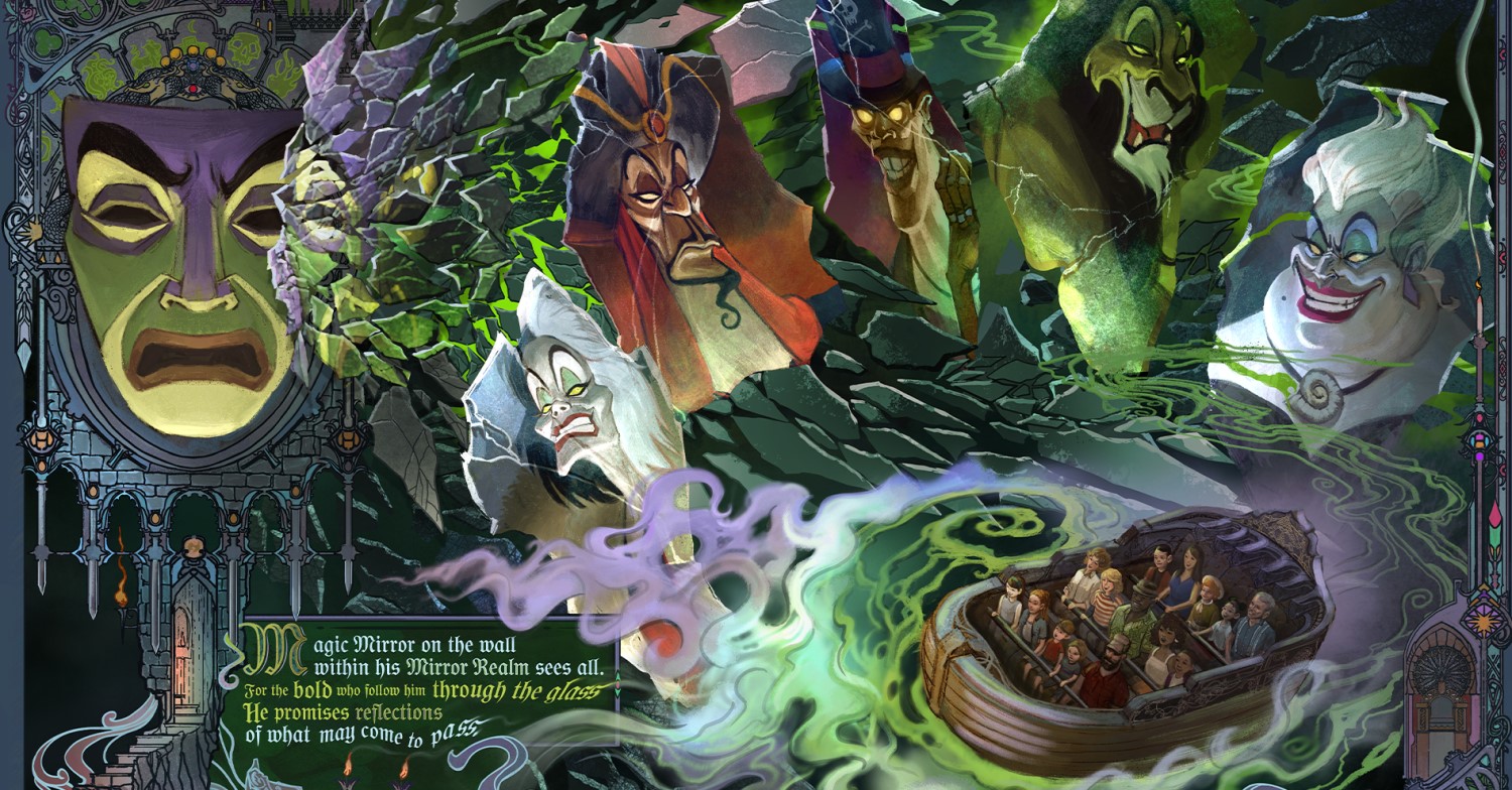 Magischer Spiegel im Villains Land Concept Art zum Villains Land zur Magig Mirror Attraktion sowie den Disney Bösewichten Jafar, Dr. Facilier, Scar, Ursula und der Bösen Königin
