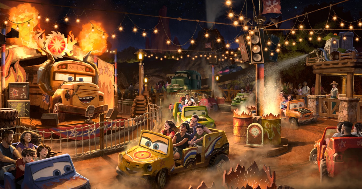Miss Fritters Daredevil Spin Concept Art zu Miss Fritters Daredevil Spin mit zahlreichen Cars Fahrzeugen, Miss Fritter und einer nächtlichen Autorennen-Atmosphäre